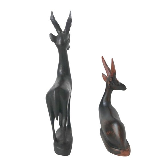 2 Hand Carved Ebony & Wood Antelope Sculpture Figurines Set - Picture 4 of 6